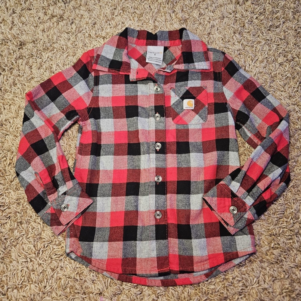 Carhartt Kids Red Black Buffalo Plaid Long Sleeve Button Up Shirt Size 5